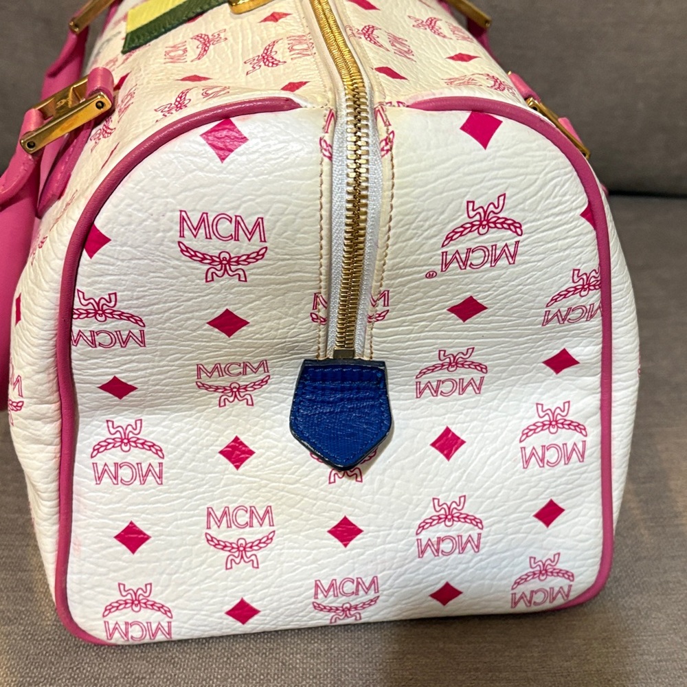 MCM White Satchel with Pink Handles and Multicolor Stripe - Picture 5 of 10
